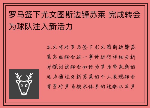罗马签下尤文图斯边锋苏莱 完成转会为球队注入新活力